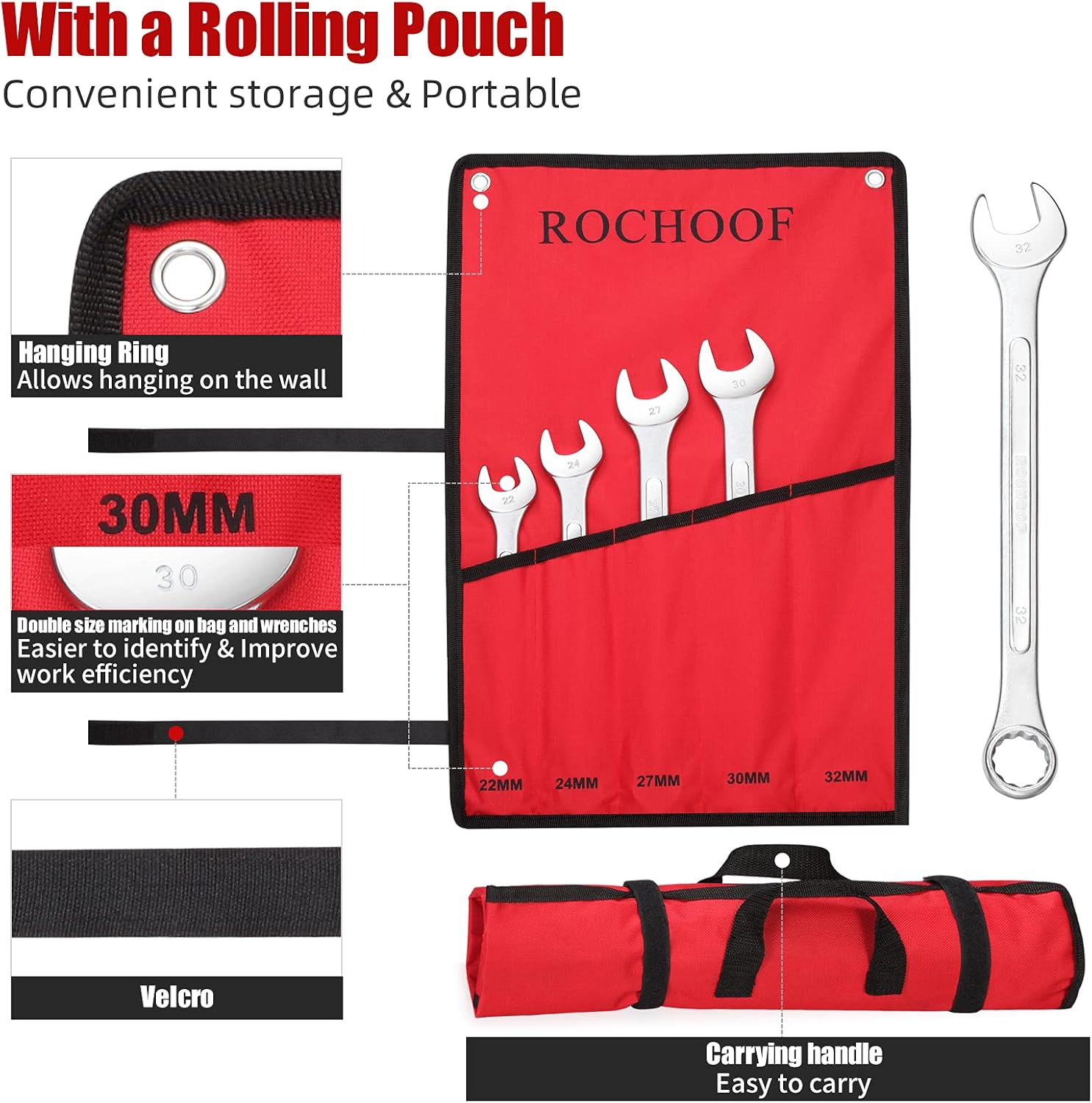 Combination Wrench Set,5-Piece Metric Wrench Set 12-Point Chrome Vanadium Steel Wrenches 22-32mm with Rolling Pouch