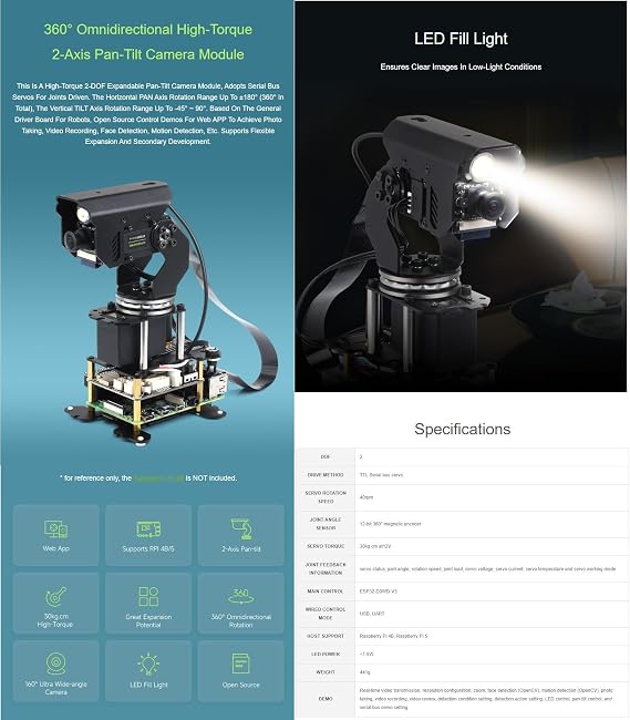 TUOPUONE 360 Omnidirectional High-Torque 2-Axis Expandable Pan-Tilt Camera Module, Driven by Serial Bus Servos, General Driver Board, Suitable for Raspberry Pi 4B / 5 (2-Axis Pan-Tilt Camera Module)