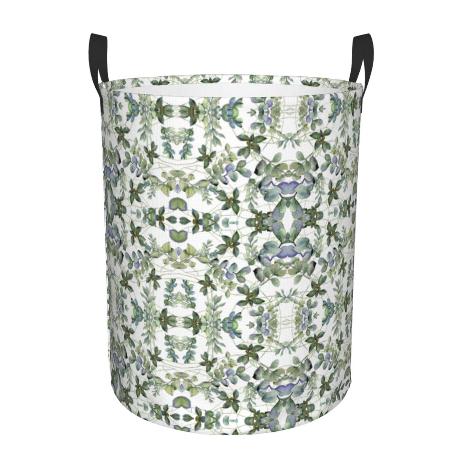M Collapsible Round Green Eucalyptus Leaves Print Laundry Hamper