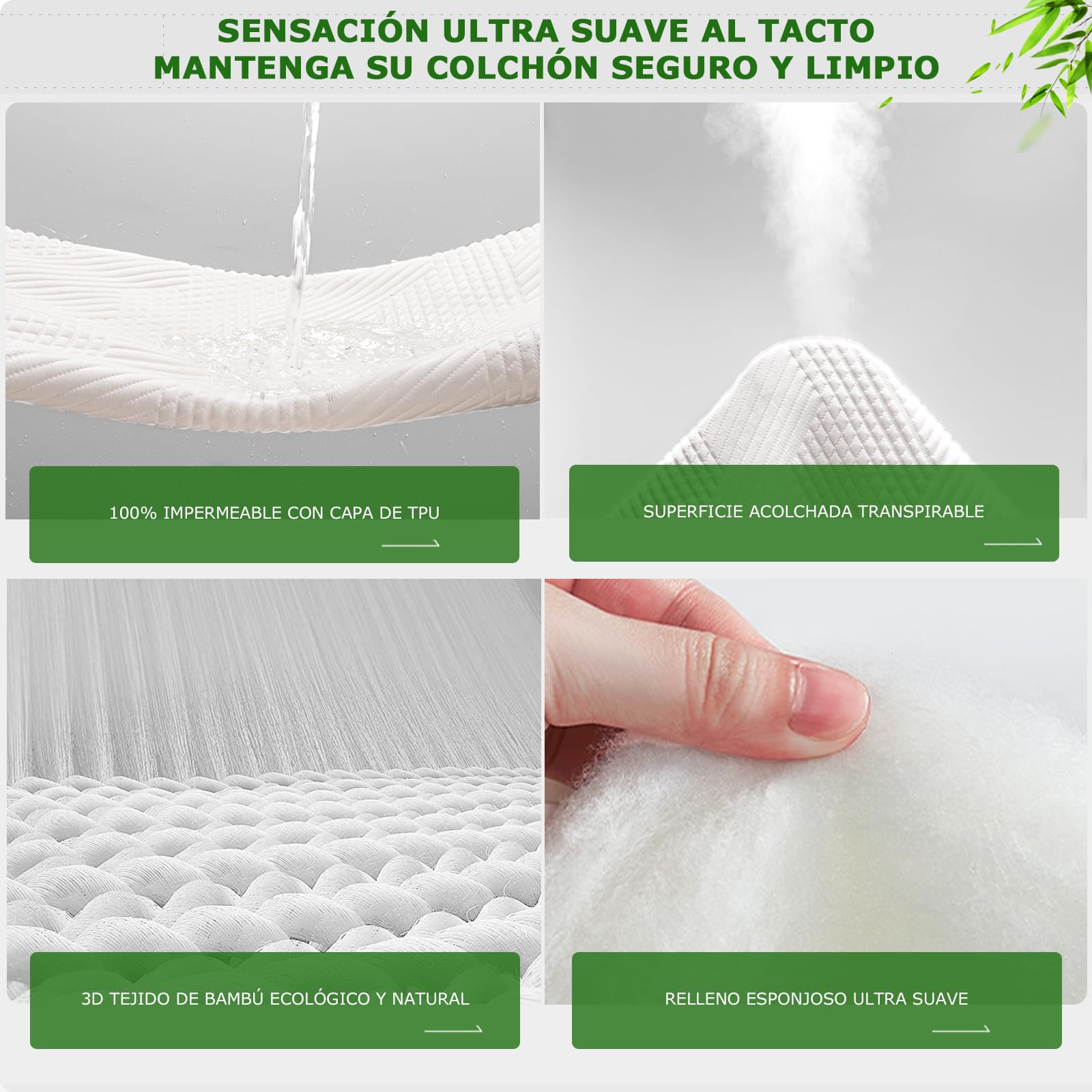 GRT Protector de Colchón 160x200 cm Impermeable Fibra de Bambú, Cubre Colchon Transpirable et Certificado Oeko-Tex, Funda para Colchon Estira hasta 40 cm de Profundidad (Blanco)