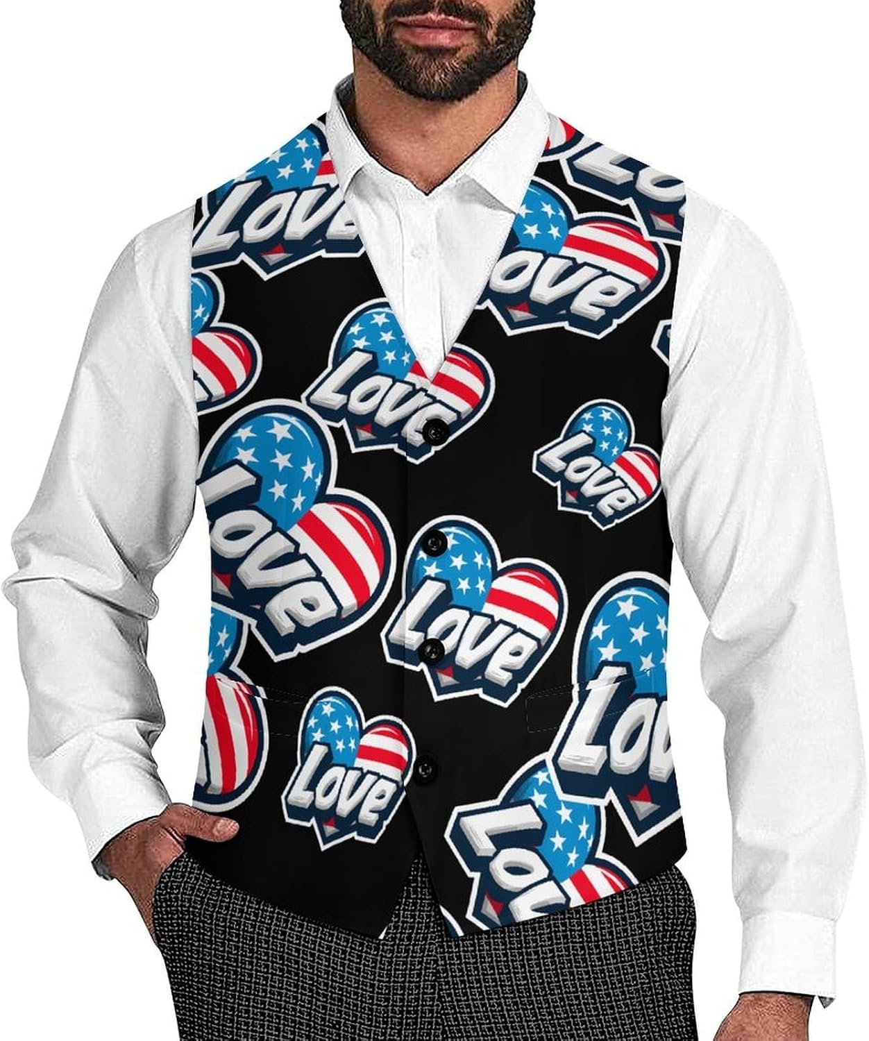 Love USA Flag Men's Suit Vest Formal Vests Casual Dress Fit Waistcoat Casual Tuxedo for Business