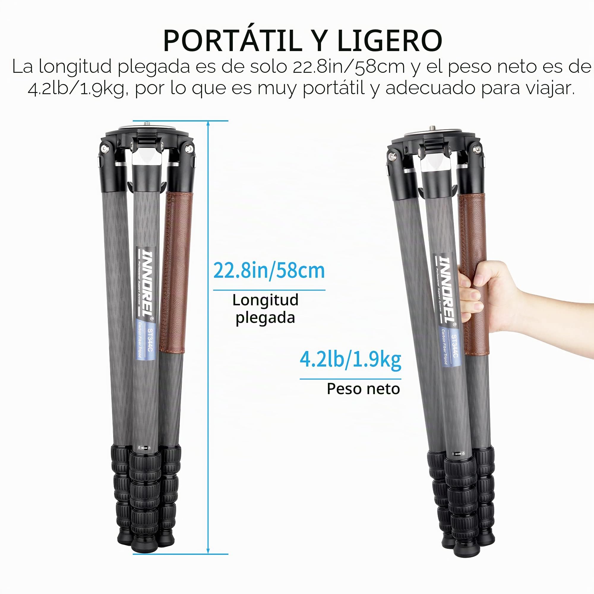 Trípode de Fibra de Carbono de 4 Secciones, INNOREL ST344C 160cm Trípode Profesional para Cámara, Accesorios de Fotografía, con 75 mm de Adaptador, Tubo Máximo 34mm, Carga máxima de 35 kg