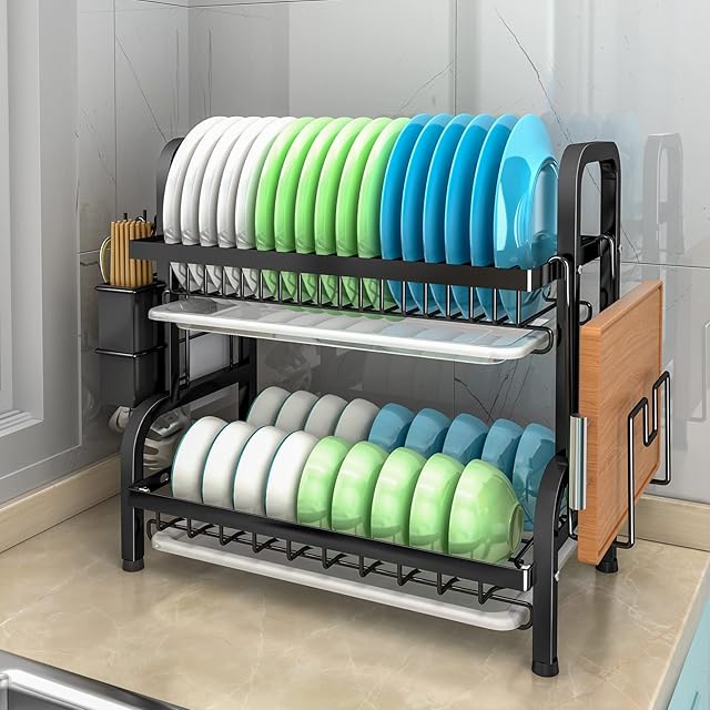 ZHZIRO Dish Drainer 2Tiers Stainless Steel Dish Drying Rack with Drip Tray, Cutting Board Holder Kitchenware Storage for Kitchen Countertop (Black)