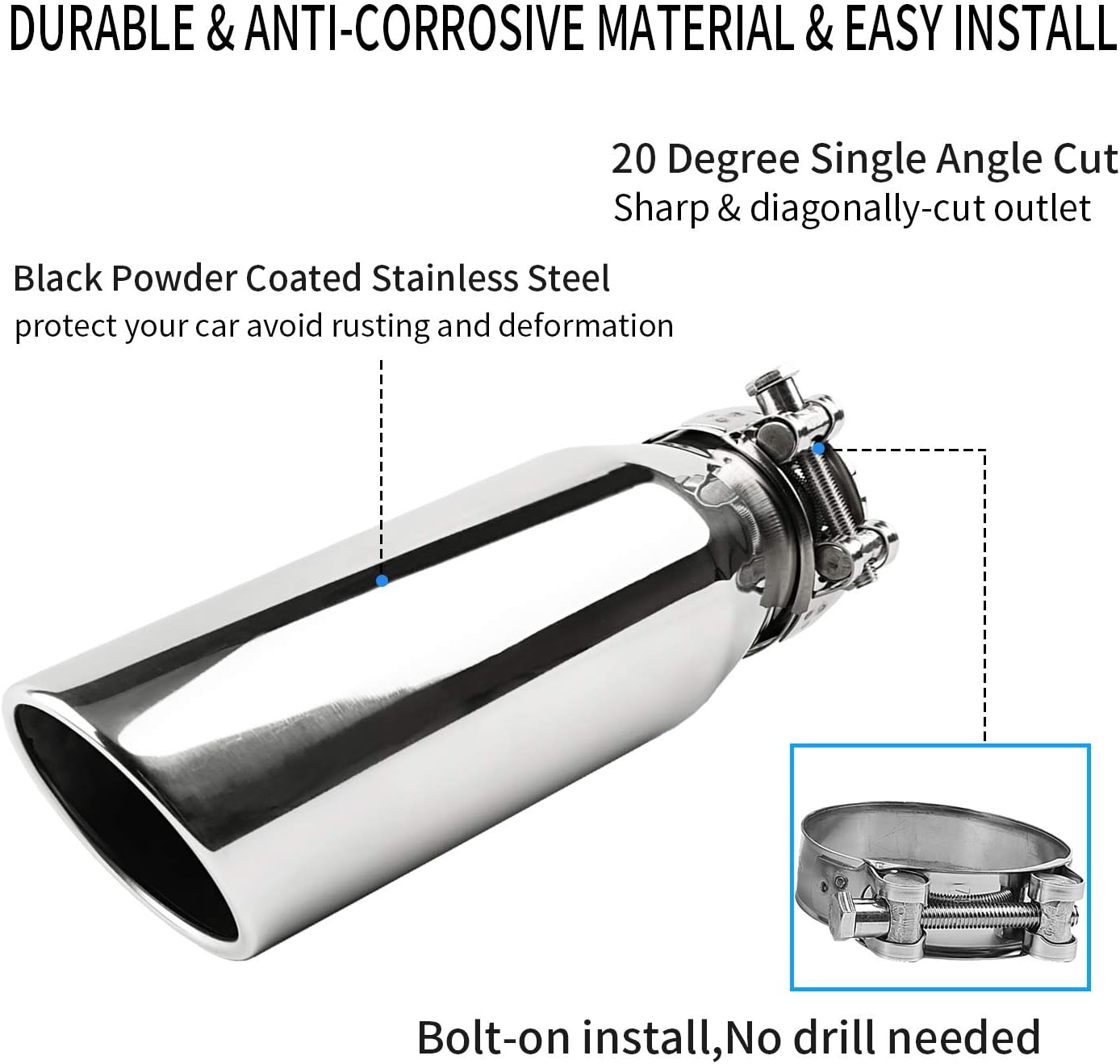 3 Inlet Exhaust Tip, OsoTorero Universal 3" x 4" x 12" Exhaust Tailpipe Tip T-Bolt On Clamp for Pickup Truck Car, Silver