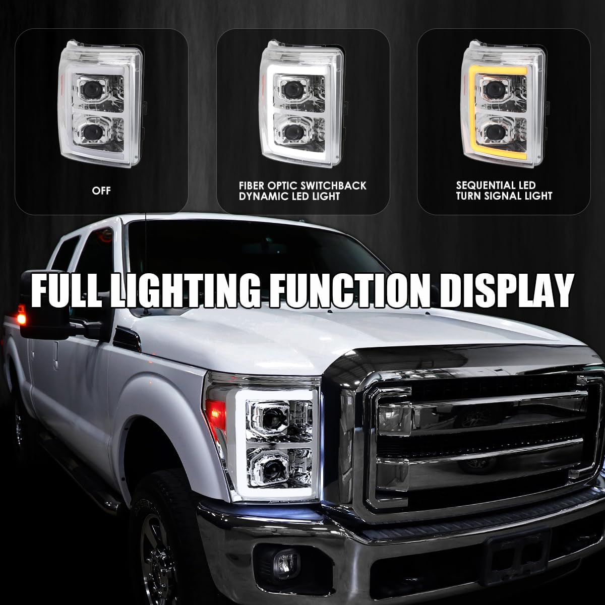 SPEC-D TUNING Chrome Projector Headlights w/Switchback Sequential LED Bar and Startup Animation Compatible with 2011-2016 Ford F250, F350, F450, F550 Super Duty, Left + Right Pair Headlamps Assembly