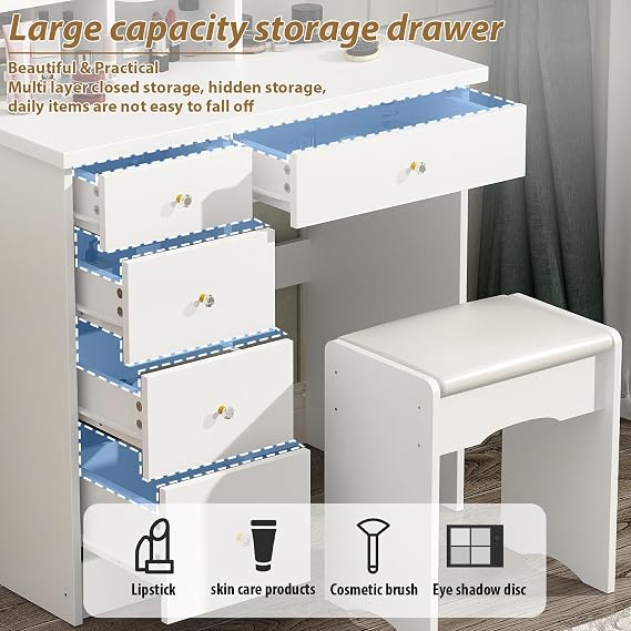 FUFU&GAGA Vanity Set with Rectangular Mirror, Makeup Vanity Dressing Table with 5 Drawers, Shelves, Dresser Desk and Cushioned Stool Set (B White/Lighted Mirror)