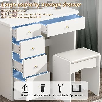FUFU&GAGA Vanity Set with Rectangular Mirror, Makeup Vanity Dressing Table with 5 Drawers, Shelves, Dresser Desk and Cushioned Stool Set (B White/Lighted Mirror)
