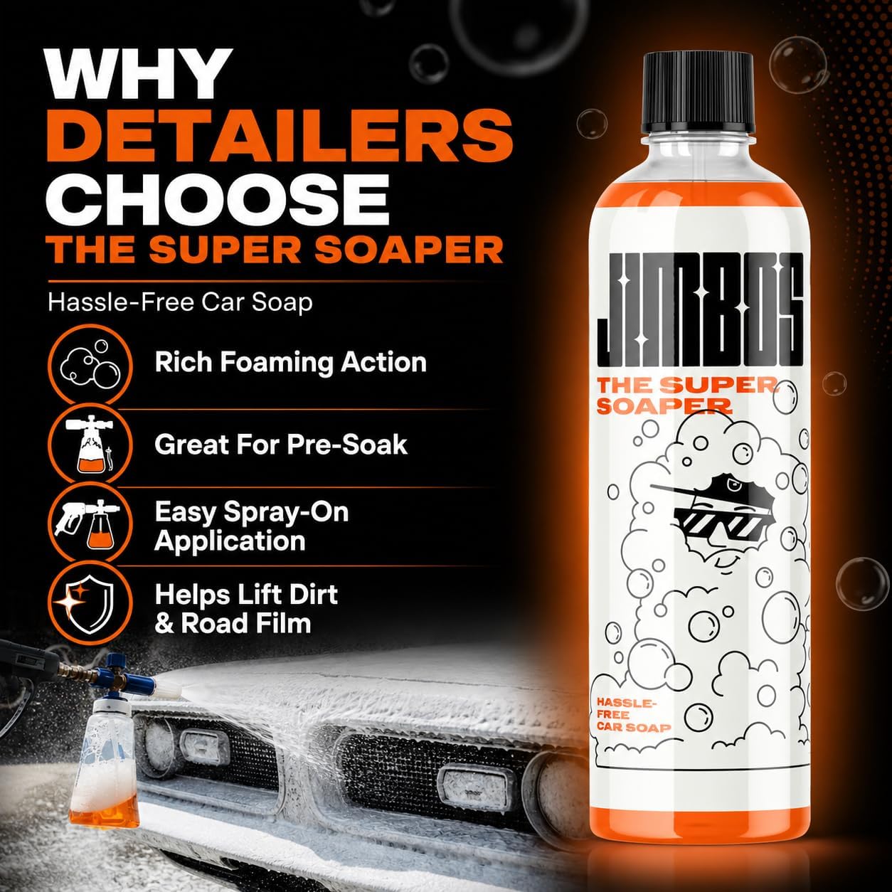Jimbos SUPER SOAPER – Touchless Car Wash Soap Concentrate | High Foaming pH Neutral Car Shampoo for Foam Cannon, Pressure Washer & Rinseless Wash | Safe for Ceramic Coatings – 16 fl oz