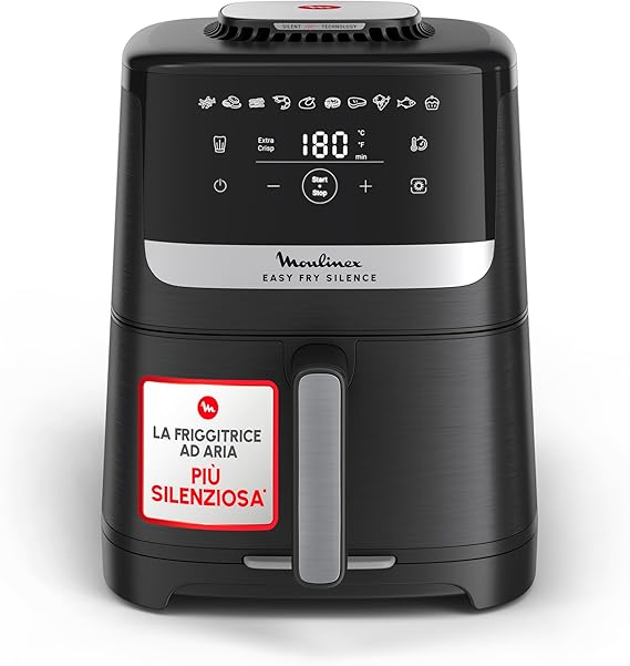 Moulinex Easy Fry Silence, Friggitrice ad Aria Silenziosa 5L/1.5kg per 6 Persone, 1670W, Sistema Easy Clean & Store, 10 Programmi, Touchscreen, Cestello Lavabile in Lavastoviglie, Nera, EZ5528