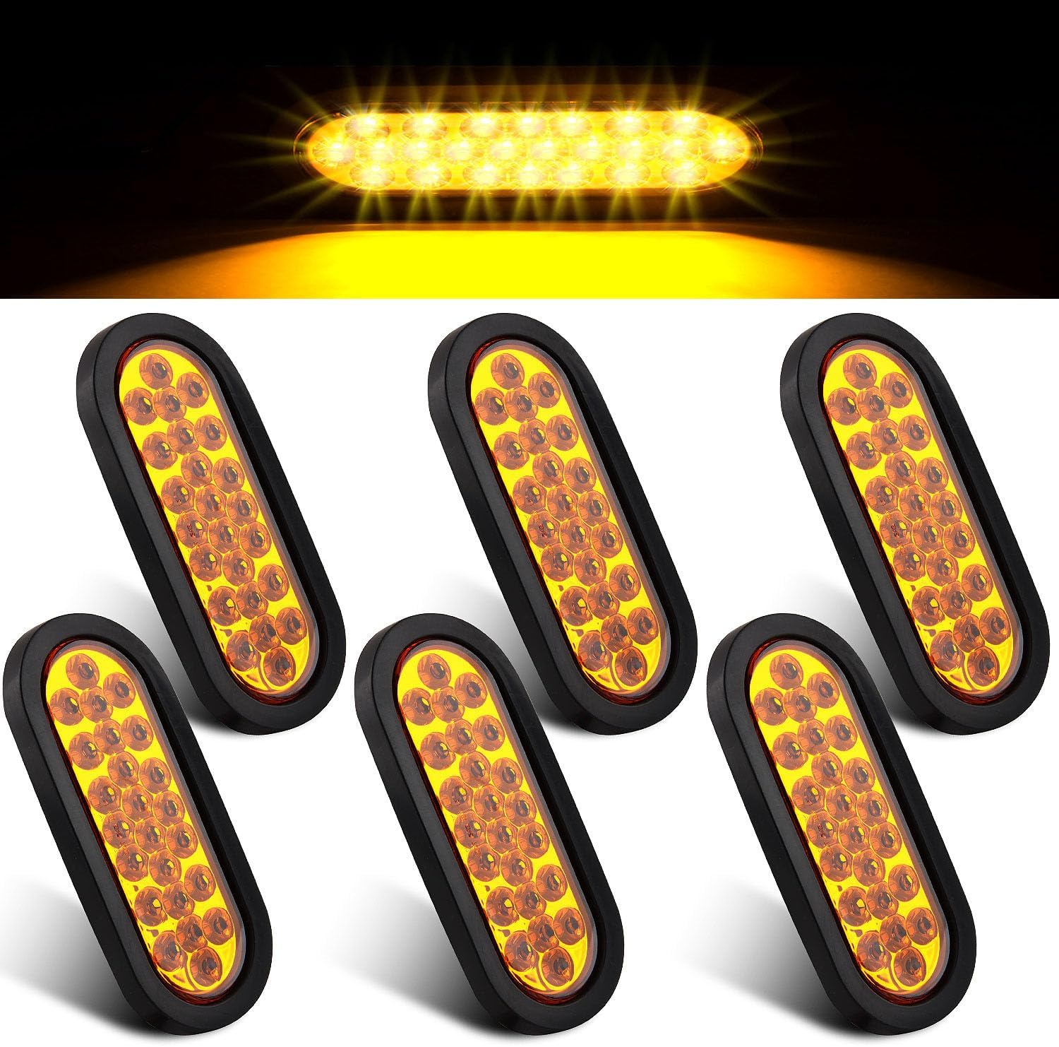 6PCS 6 inch Oval led Amber Strobe 24 LED Trailer Tail Lights Amber Strobe Stop Turn Tail Truck Light Brake Lights with Rubber Grommet 3-Prong Wire Pigtails