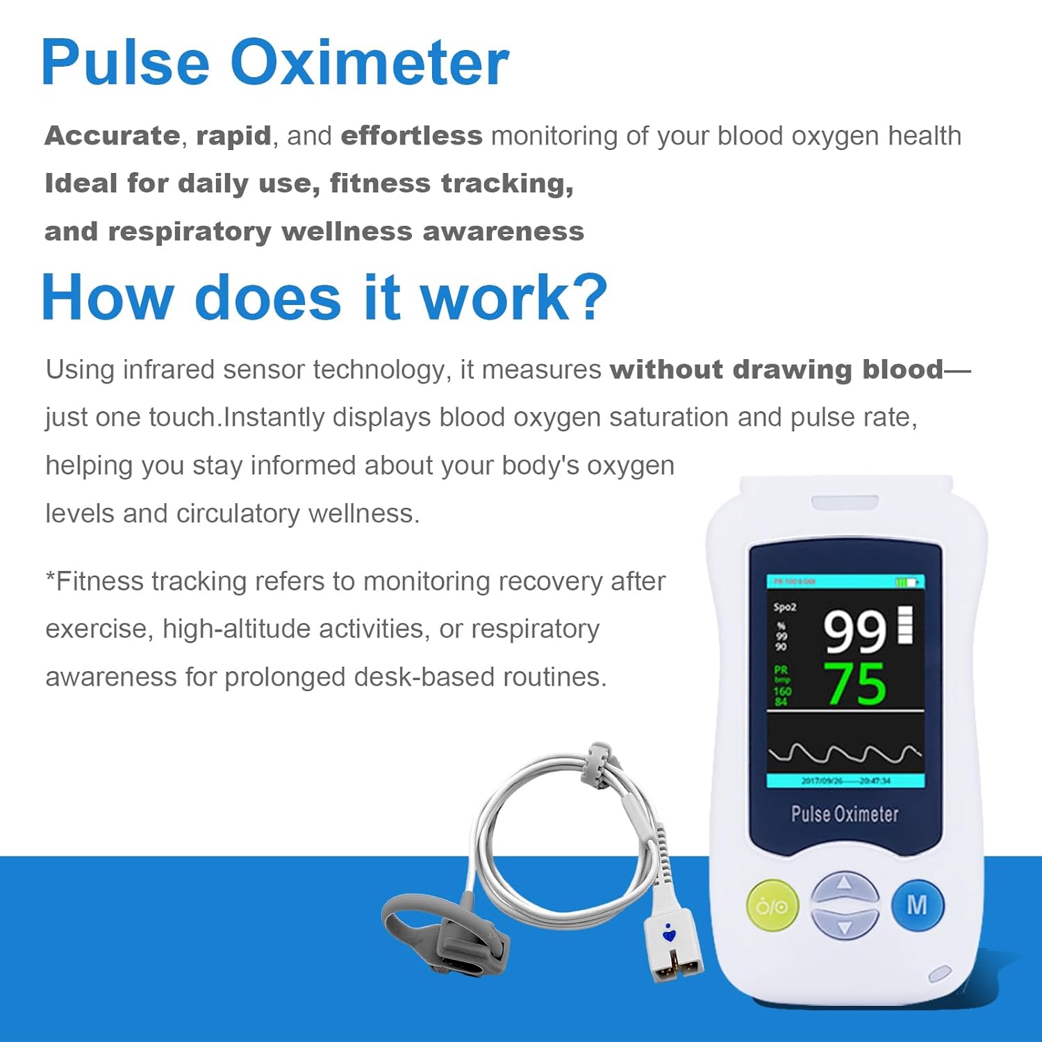 Pulse Oximeter, Continuous Pulse Oximeters Medical Grade Accuracy SpO2 Overnight Pulse Rate Monitoring 20 Hours Pulse Oximeter Handheld Blood Oxygen Saturation Monitor with 500 Data Storage