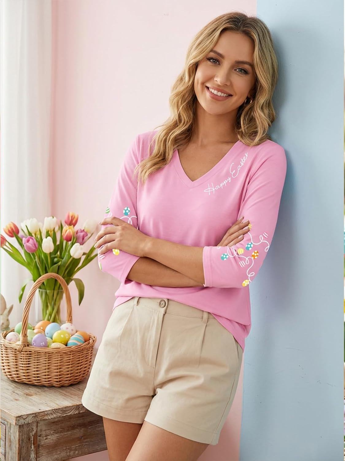 Easter Shirts for Women V Neck 3/4 Sleeve Happy Easter Day T-Shirts Bunny Peeps Eggs Graphic Top - Image 4