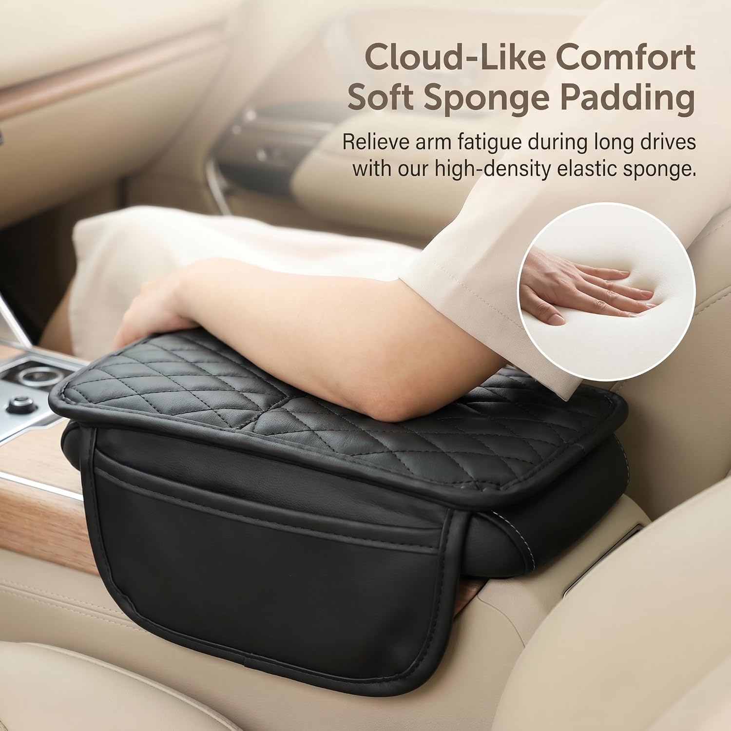 Car Arm Rest Cover, Leather Center Console Elbow Support Cushion with Side Storage Pocket, Anti-scratch Soft Protective Cover, Interior Accessory for Most Cars Trucks SUVs (Black)