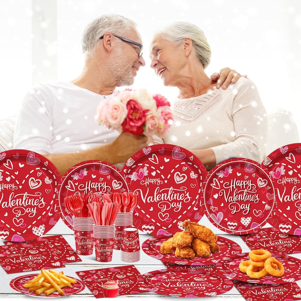 140Pcs Valentine's Day Party Supplies Valentine's Day Paper Plates and Napkins Heart Paper Plates Couple Date Tableware Set Valentine's Day Weddings Party Decorations Dinner Plates, Serves 20