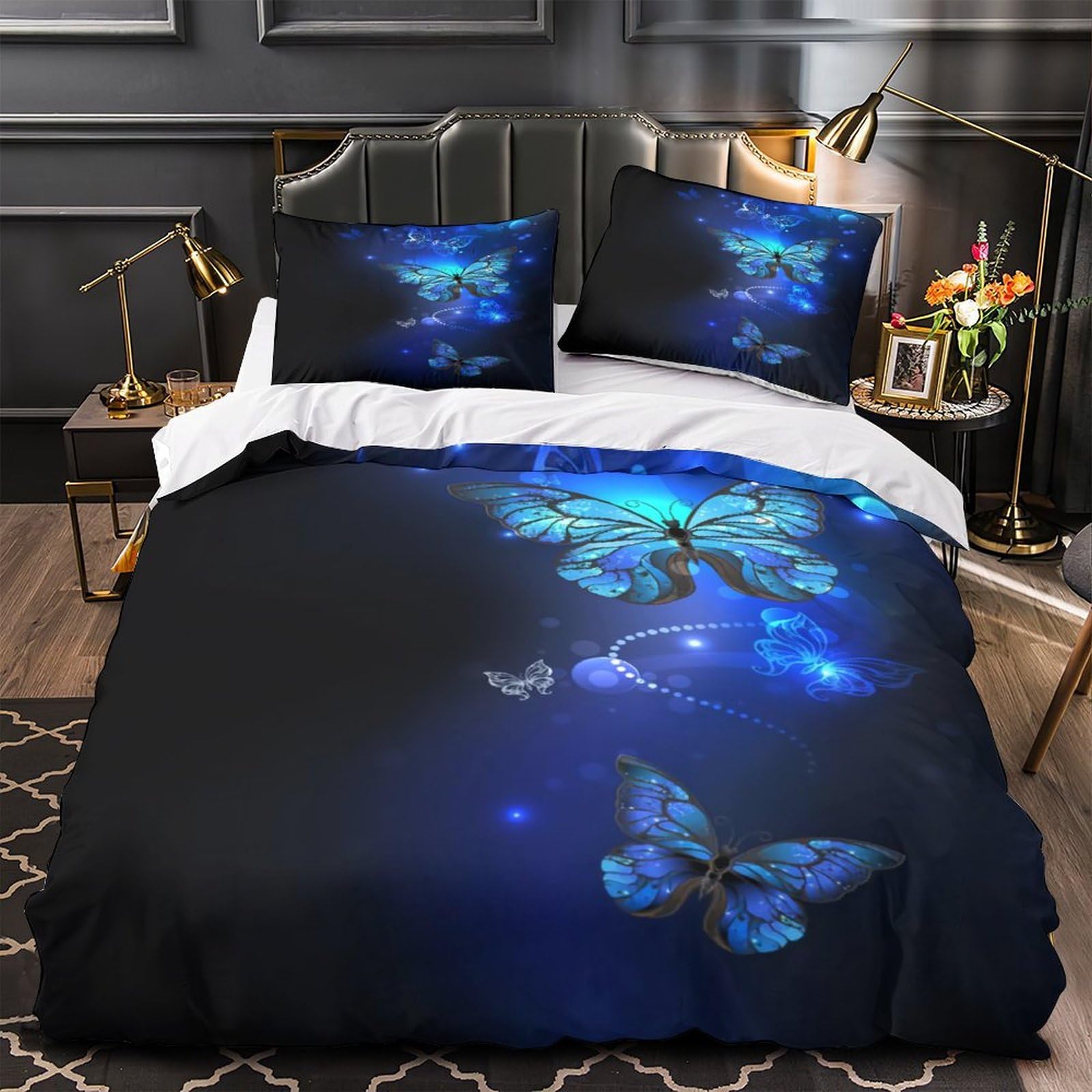 Housse de couette papillon bleu effet 3D confortable lit simple 135x200