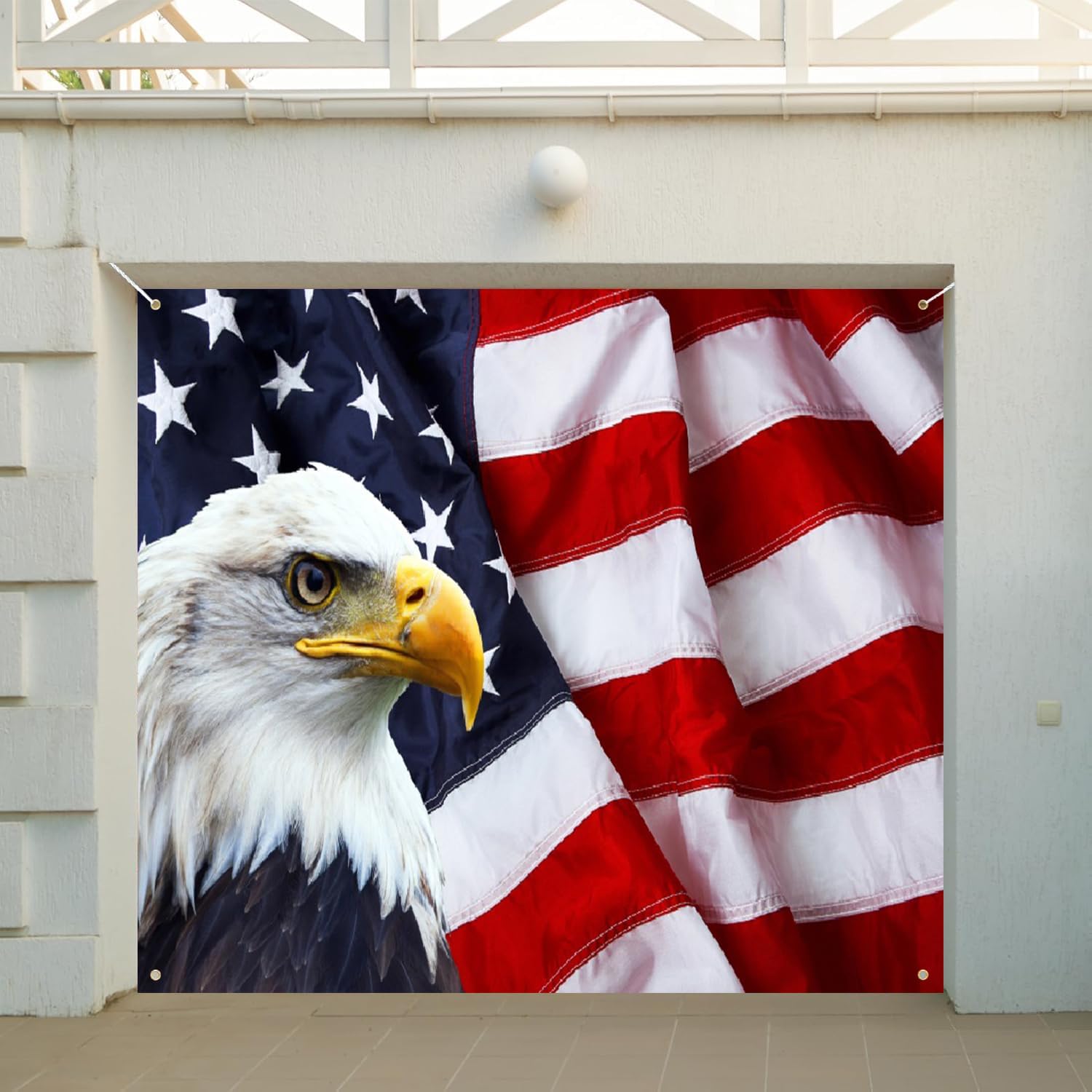 7x16ft American Flag And Bald Eagle Theme Garage Door Decorations 4th Of July Independence Day Garage Door Banner Cover Wallpaper Labor Day Memorial Day Patriotic Veterans Party Supplies