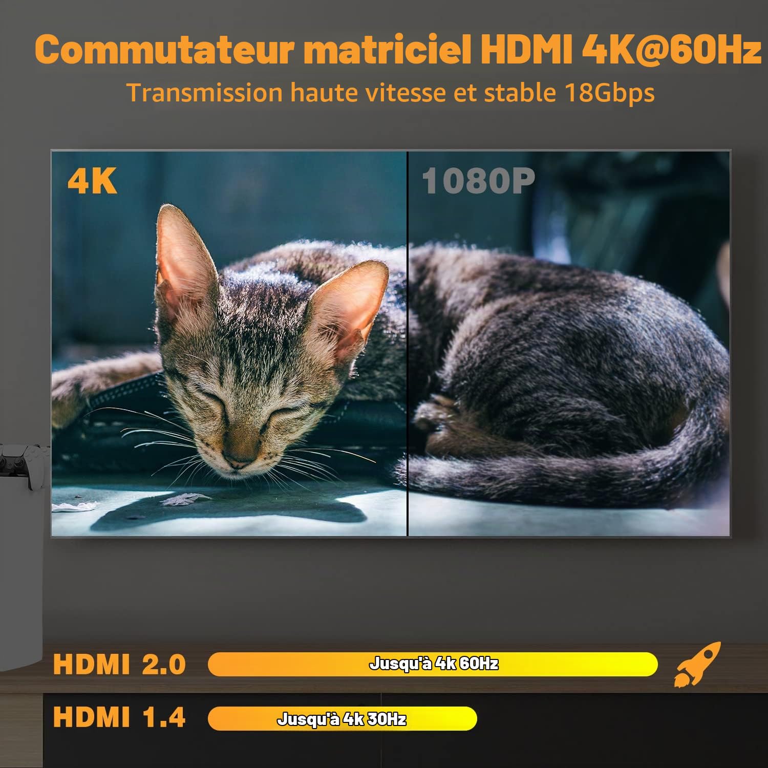 Tendak 4x2 - Matrice HDMI 4 en 2 Commutateur 4K@60Hz HDMI Splitter Switch + SPDIF & 3,5mm Extracteur Audio Stéréo Prend en Charge HDMI 2.0 HDCP 2.2 EDID HDR 3D avec Télécommande IR