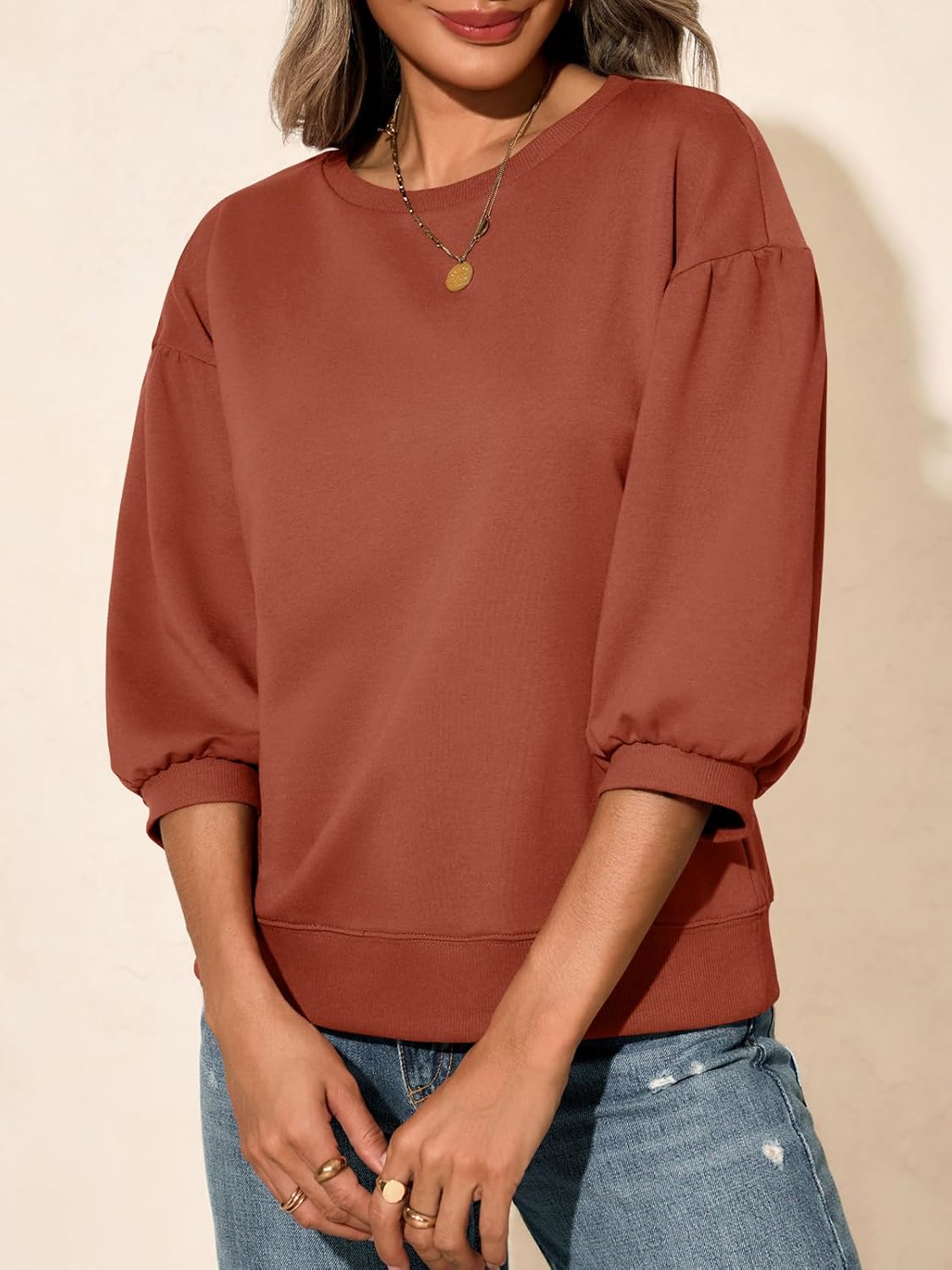 Fisoew Womens Crewneck Sweatshirts Casual Puff Sleeve Loose Fit Shirts Fall Tops Brown - Image 4