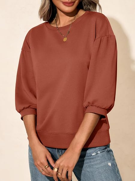 Fisoew Felpe da donna con maniche a sbuffo casual girocollo manica a 3/4 vestibilità ampia autunno pullover top - 4