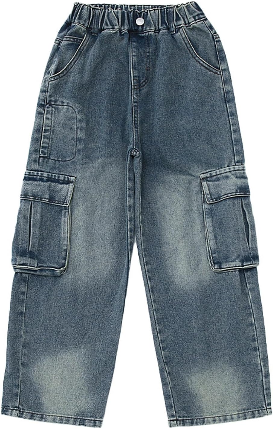 Boys Cargo Jeans Baggy Classic Straight Wide Leg Denim Pants Elastic Waist Loose Denim Pants with Pockets Trousers