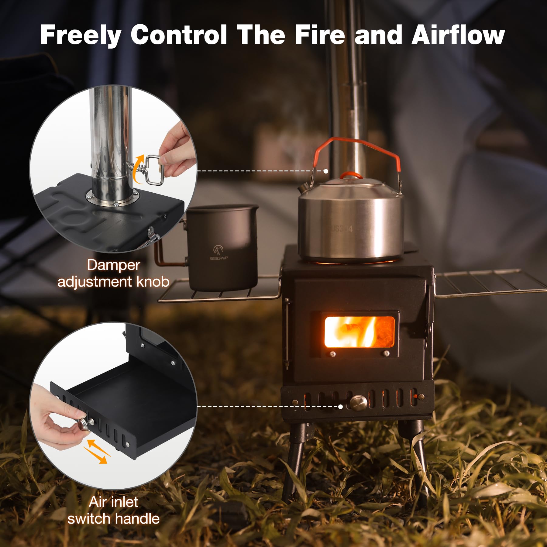 REDCAMP Camping Zelt Herd, Faltbarer Zelt Holz Brennofen, Tragbarer heißer Zelt Holzofen mit winddichtem Kamin für Outdoor Camping Kochen, schwarz