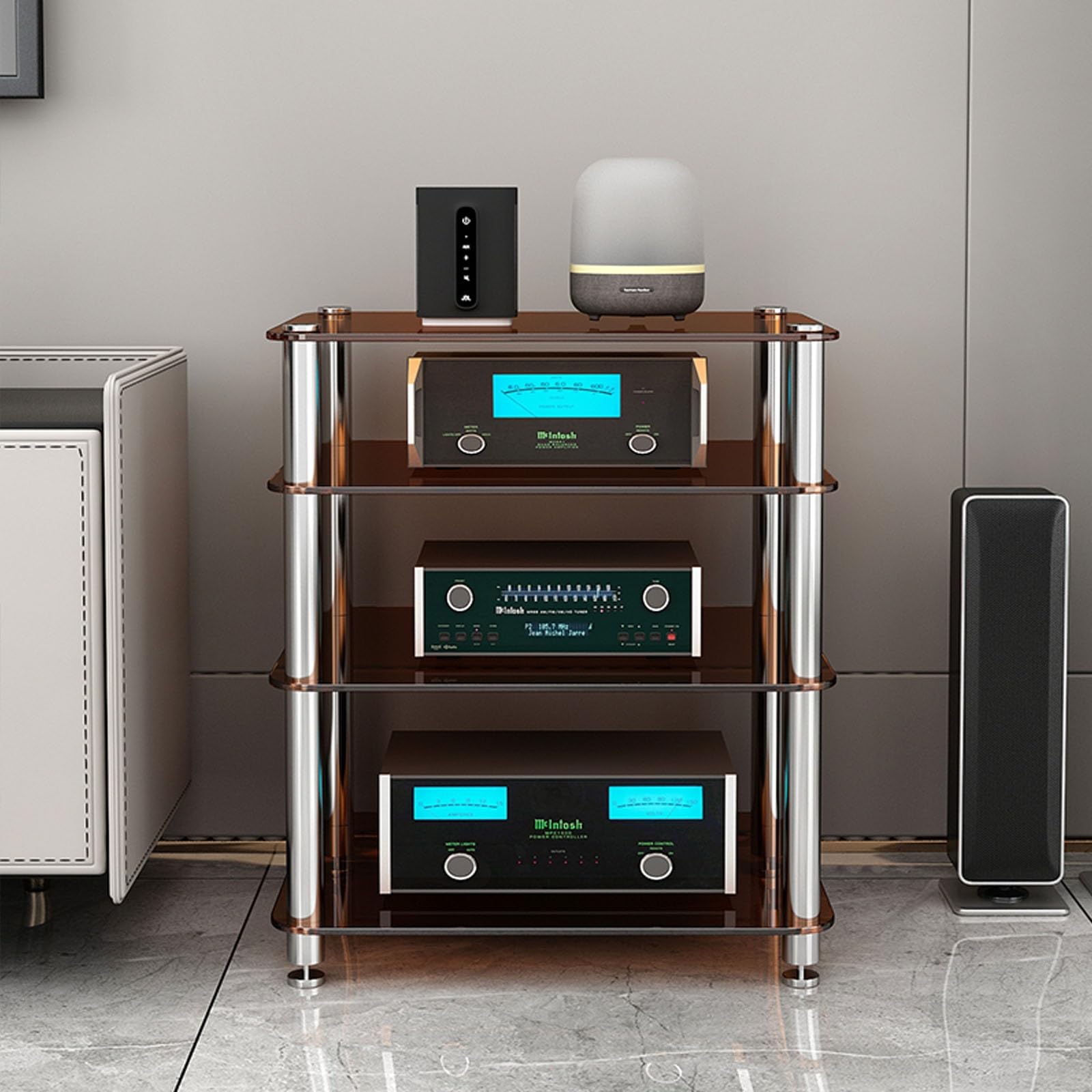 1-poziomowa wieża audio z półkami ze szkła hartowanego, stojak na nośniki AV na sprzęt stereo, szafka ekspozycyjna do odtwarzacza CD i odbiornika, nowoczesna konstrukcja z przezroczystego szkła