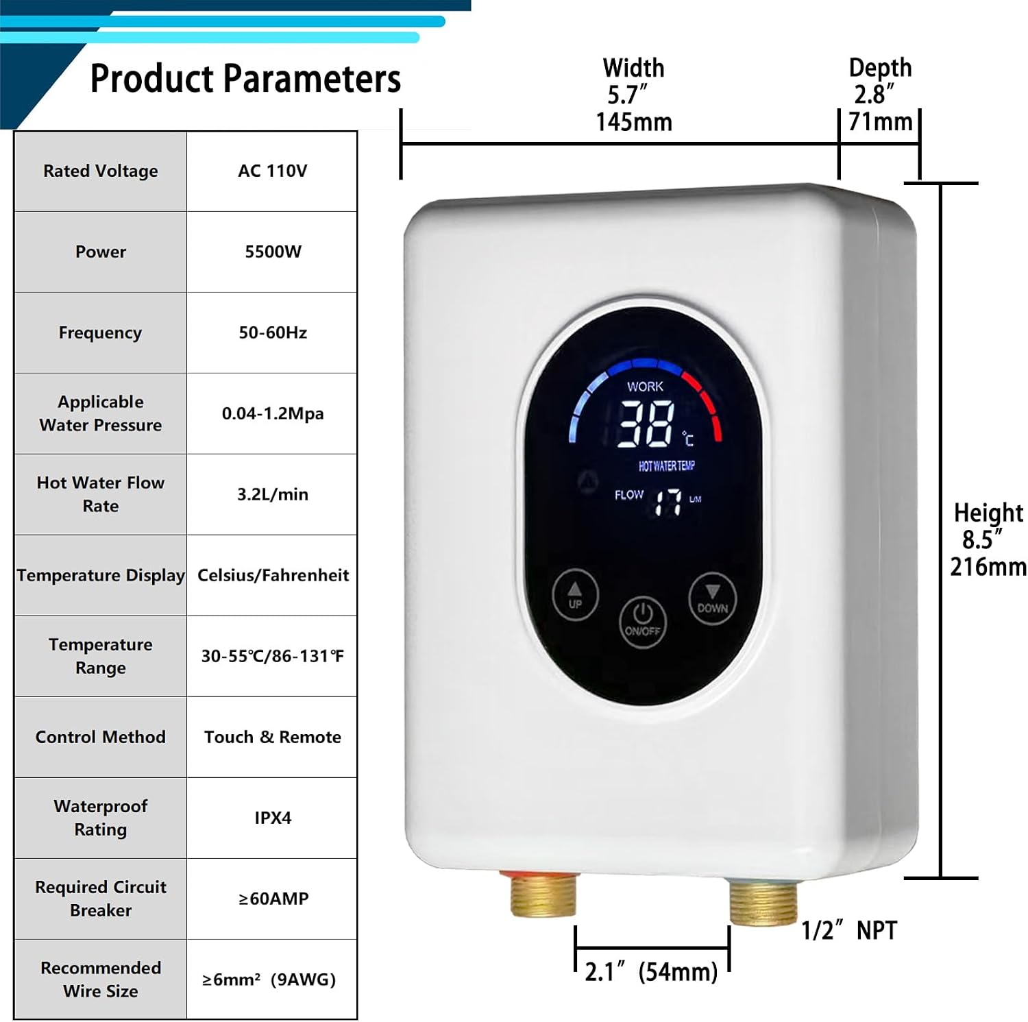 ecotinymach tankless water heater electric 110v, 5500w instant water heater under sink, conversion between fahrenheit and celsius, remote control
