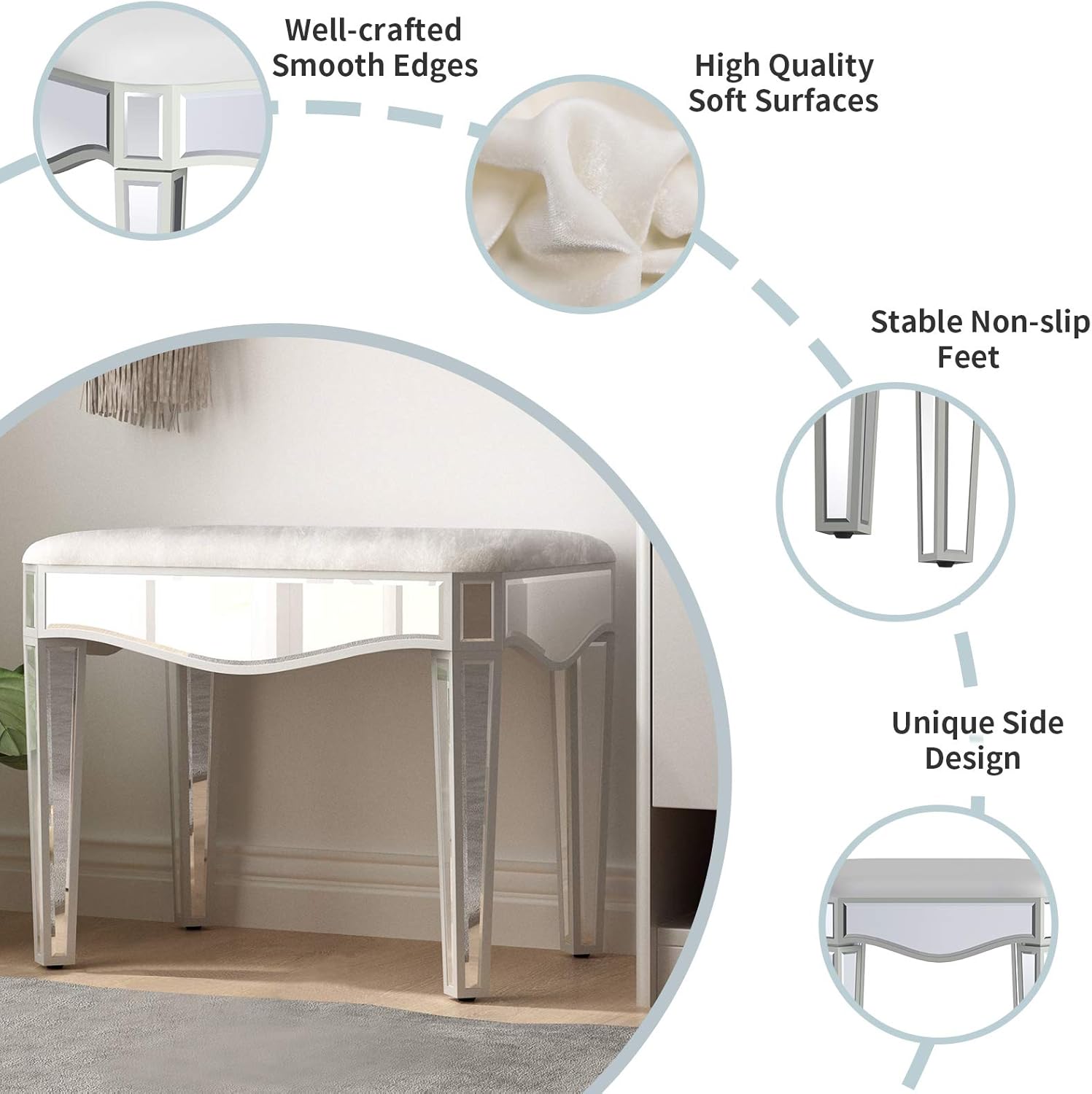 Bіg Sаlе Mirrored Vanity Stool, Modern Makeup Dressing Stool Comfortable Padded Cushioned Bench Piano Seat Chair for Bedroom, Bathroom, Simple Assembly