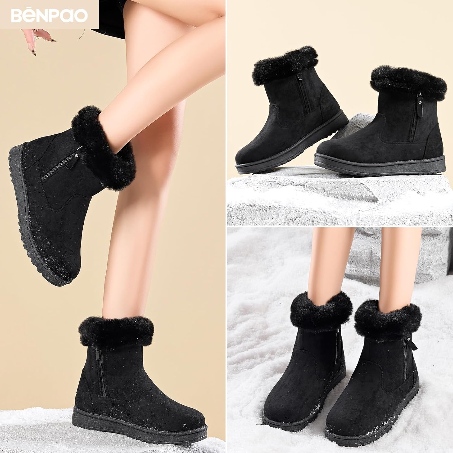 BENPAO Women's Winter Snow Boots - Fuzzy Mini Short Suede Ankle Booties with Zipper - Image 5