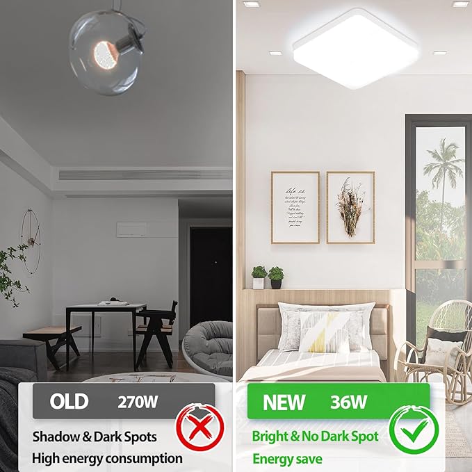 Eyesgood 2p LED Ceiling Light 36W Bathroom Lighting Ceiling Kitchen Lamp Waterproof IP65 3240Lm Cool White Square 6500K LED Smart Ceiling Light for Bathroom, Kitchen, Corridor, Outdoor Ultra-thin Ø230*H40mm photo 2