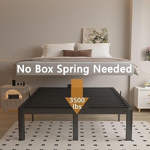 Miniatura 4 de Marco de cama de tamaño matrimonial de 14 pulgadas, color negro, marco de cama de metal con juntas, no necesita somier, plataforma de acero