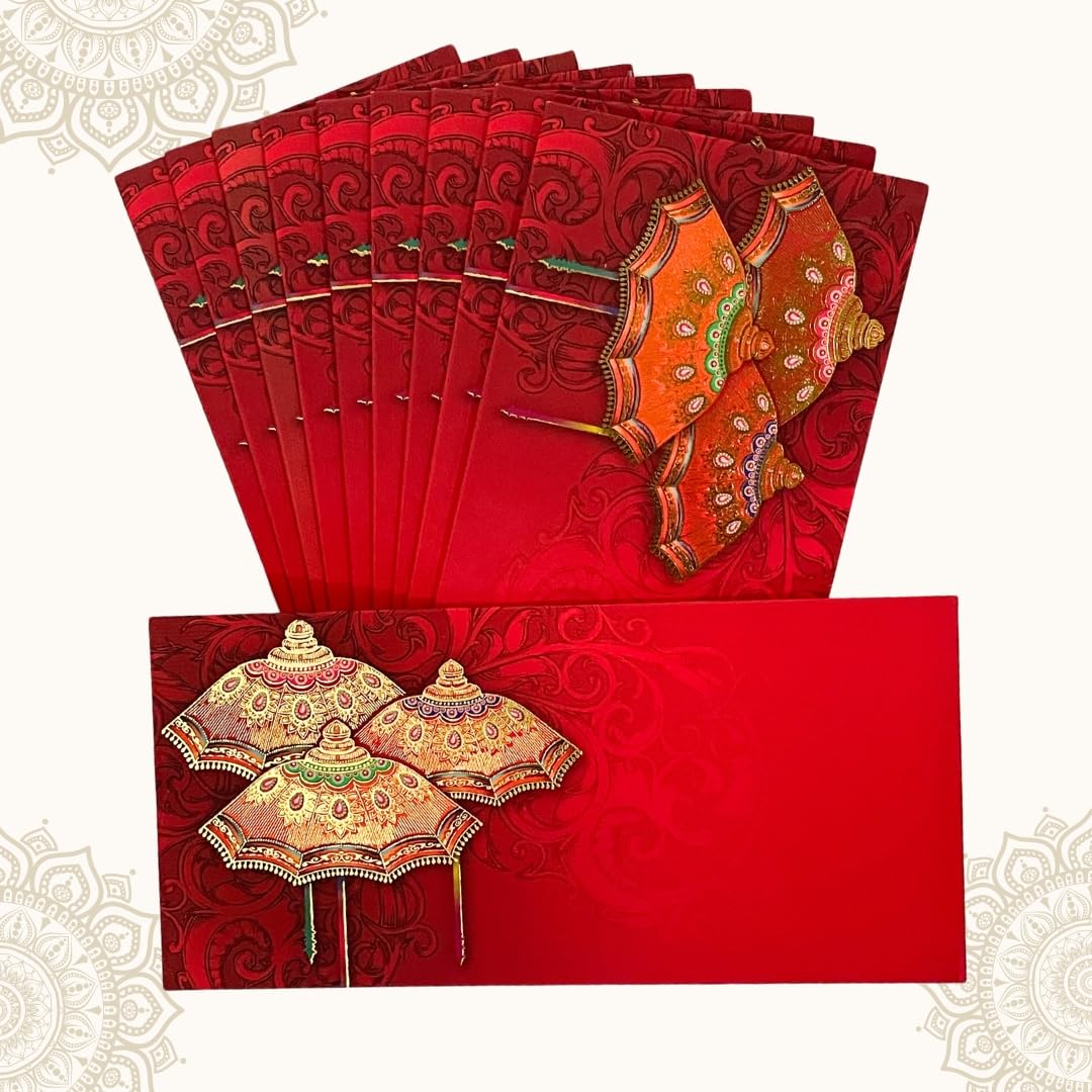 Confezione da 20 ombrelli di carta stampati, con finitura in velluto, buste Shagun con patta a soffietto Lifafa per regali Sagan, occasioni di matrimonio, contanti, soldi, 19 x 9,5 cm, colore rosso