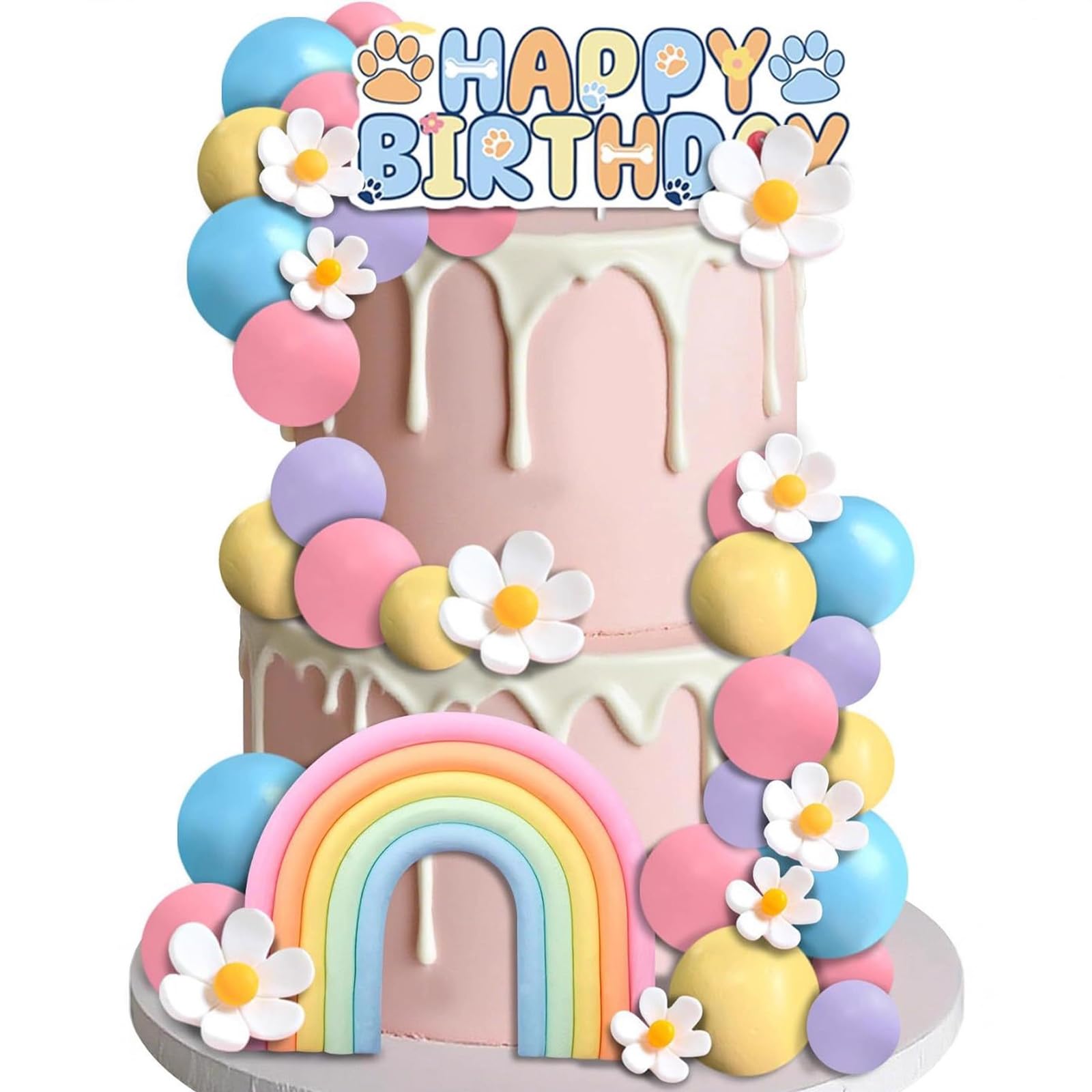 Rainbow Cake Topper Set - 31 Pieces Reusable Birthday Cake Decorations with Adhesive Dots & Swabs, Easy Install Foam Ball & Daisy Cupcake Toppers for Kids Party