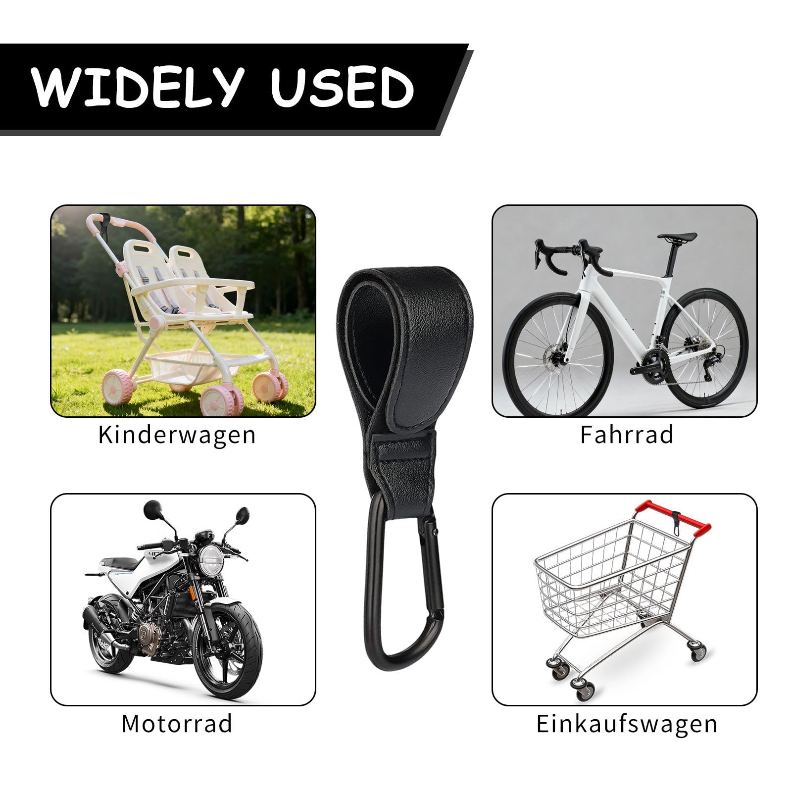 Gancio universale con chiusura in , pelle PU e struttura in alluminio, portata 25 kg per passeggino, sedia a rotelle e bagagli