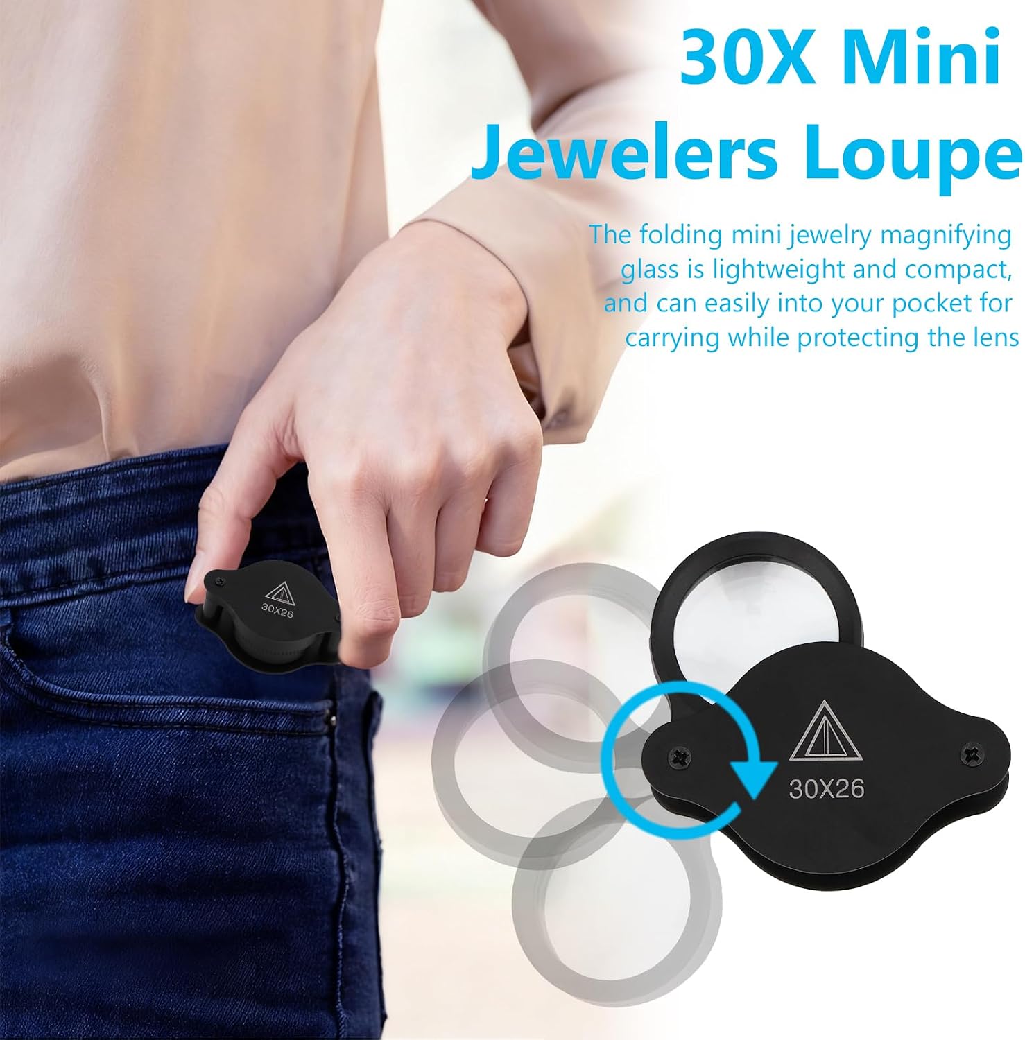30X Jewelry Loupe Folding Magnifying Glass, Portable Inspection Magnifier | 30X high-clarity lens, foldable portable design, scratch & shatter resistant shell, ideal for jewelry etc close inspection