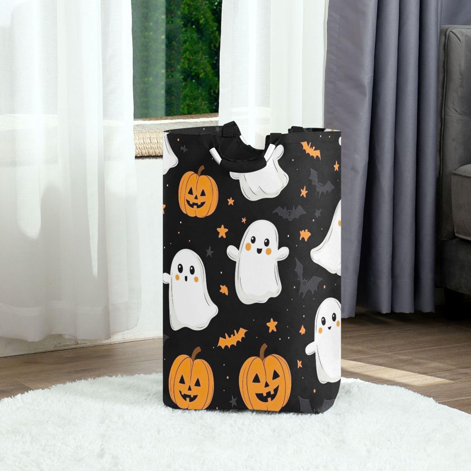 Jihqo Laundry Hamper Basket Halloween Pumpkin Cute Ghost Collapsible Nursery Storage Bin Waterproof Clothing Baskets for Home Bedroom Bathroom Washing Room