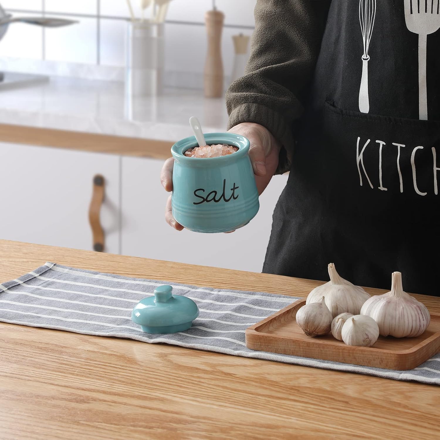 ONTUBE Ceramic Salt Bowl with Lid and Spoon 12oz (Turquoise) image 5