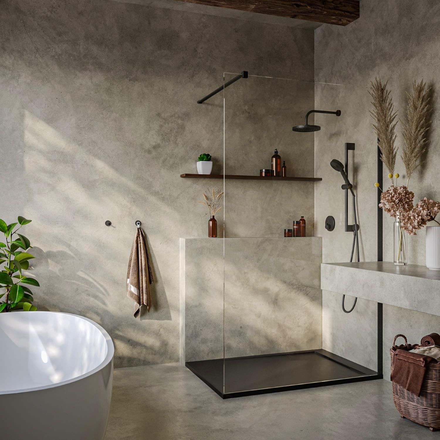 SOULBATH Receveur de Douche Ultra-Plat Antidérapant – Résine Gel Coat - Texture Lisse/Pierre – NOIR - 180x90 - Grille intégré même couleur - Bonde de vidange incluse.