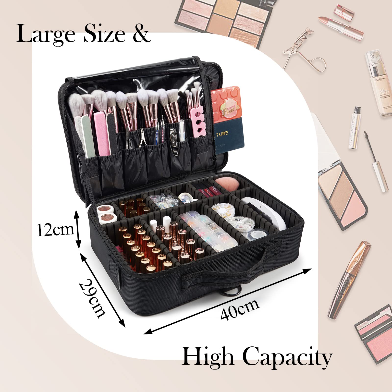 Joligrace Bolsa Maquillaje de Viaje Neceser Maquillaje Tela Oxford Cosméticos Maletín Manicura Joyero y Uñas Organizador Grande Makeup Estuche Maletín Vacio con Bandolera y 2 Capas Profesional, Negro