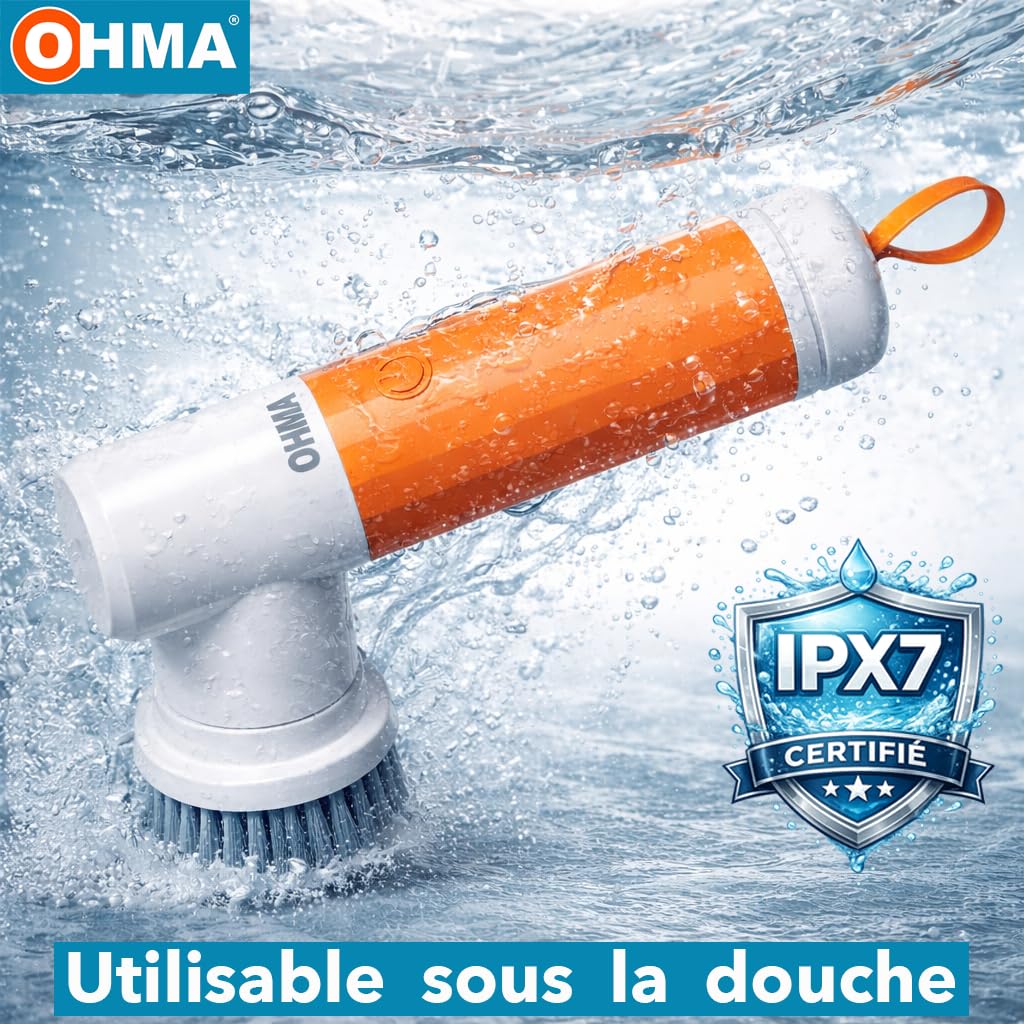 OHMA Brosse de Nettoyage Électrique Rotative – 4 Têtes – Jusqu'à 2h30 d'autonomie - Joints, Carrelage, Douche, Salle de Bain et Cuisine – Étanche IPX7 – USB-C – Garantie 3 Ans