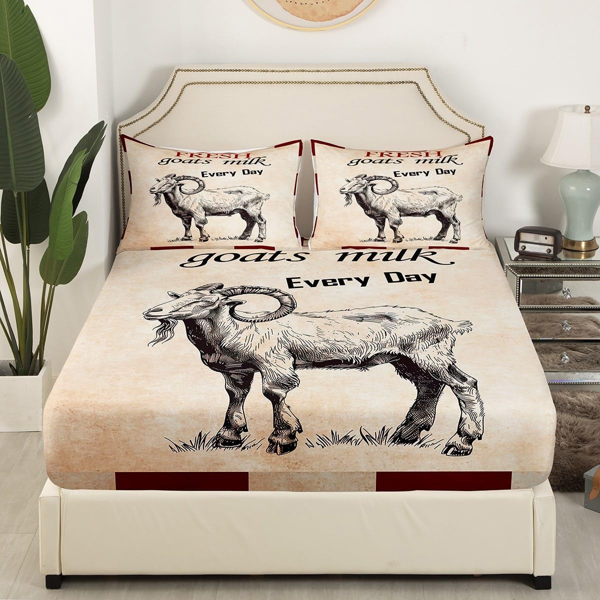 Farm Animal Bed Sheets Set Queen, Goats Milk Sheet Set for Toddler Newborn Kids Happy Thanksgiving Sheets Hand Drawn Black Sketches Cartoon Goat Bedding Set, Fitted Sheet Top Sheet 2 Pillowcases