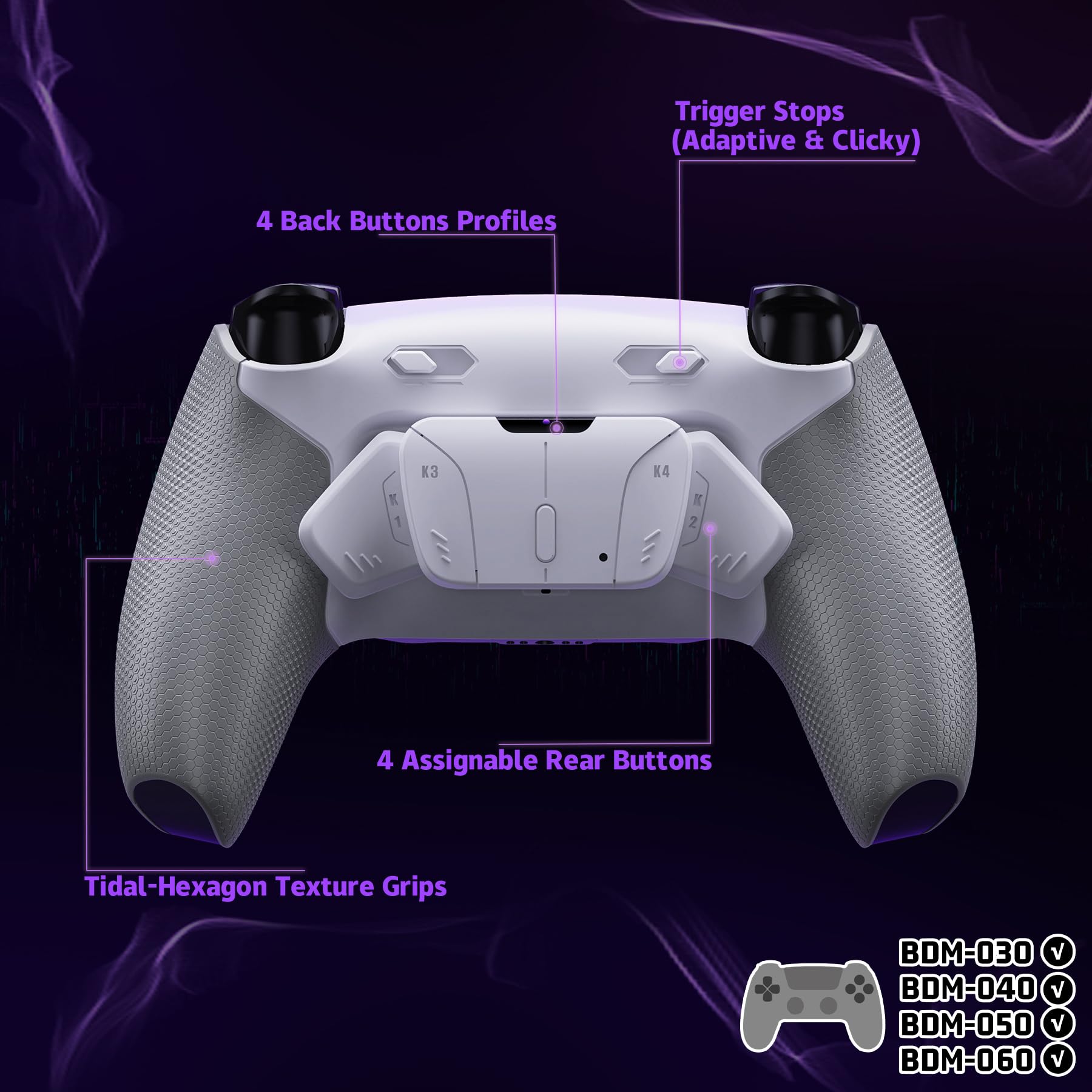 eXtremeRate RISE4 Plus MAX Remap Kit per ps5 Controller BDM-030 040 050 060, 4 Palette Posteriori Programmabili & Clicky Trigger Stop per ps5 Joystick - Senza Controller, Bianco&Grigio