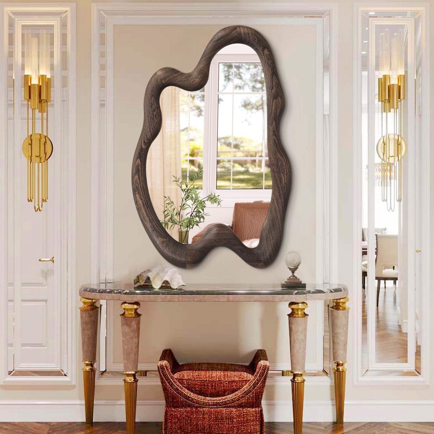 AAZZKANG Large Wall Mirror with Wooden Frame,Vintage Irregular Wall Mirror 32"x24" Asymmetrical Hanging Mirror for Bathroom Bedroom Living Room Entryway