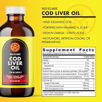 NGL Pure Cod Liver Oil - Wild Icelandic - 1,100 mg Omega-3 + Natural Vitamin A & D - Heart and Brain Health, Joint Support 8 Fl Oz
