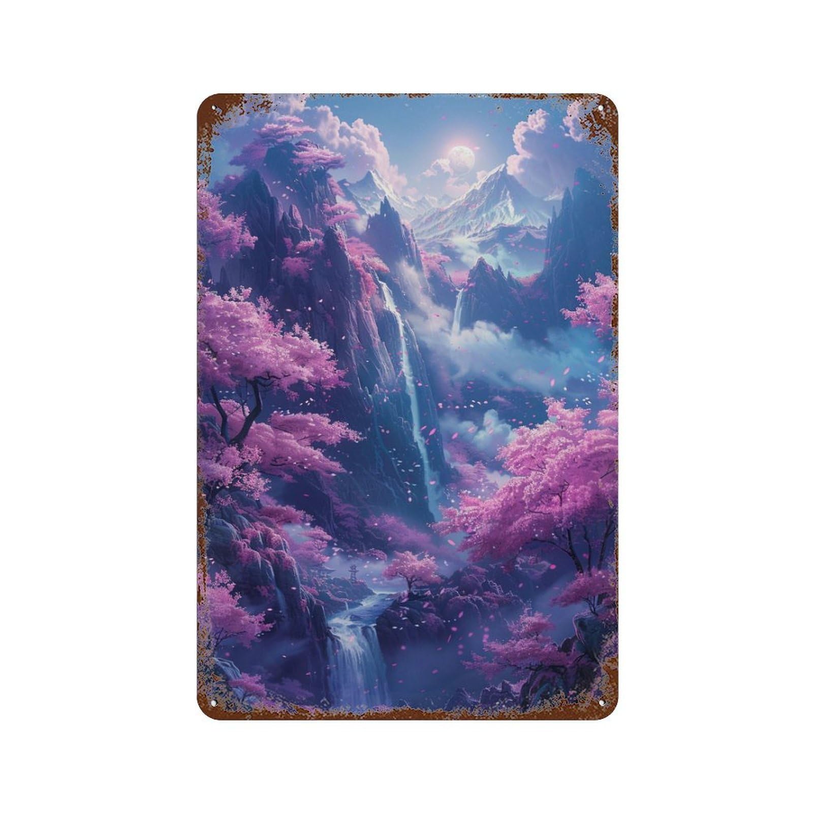Cherry Blossom Valley with Waterfalls 11.8"x7.9" Vintage Metal Tin Sign, Shabby Chic Decor for Office, Studio And Wall Decor