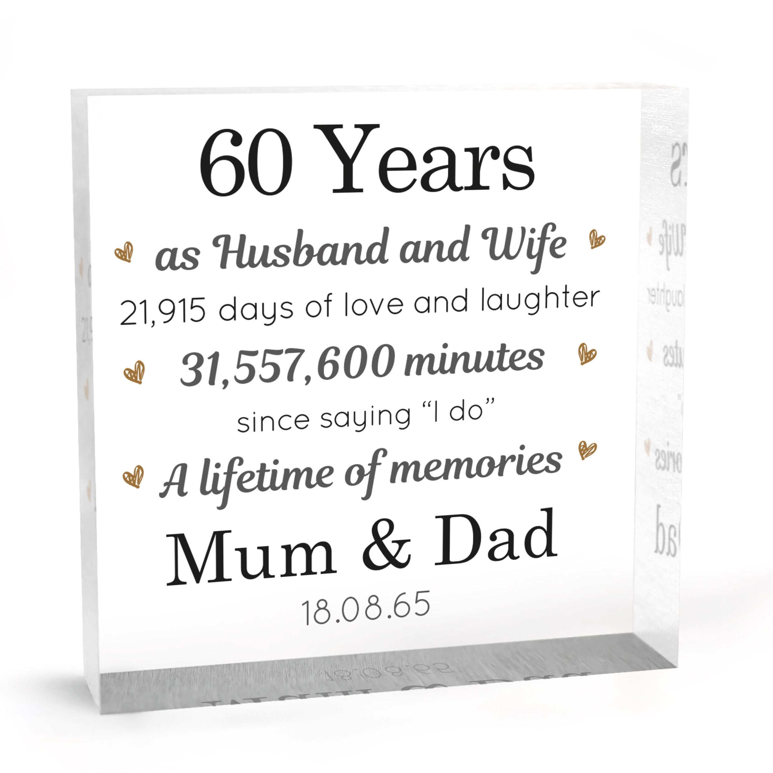 Mum and Dad 60th Wedding Anniversary Gift, Personalised 60th Anniversary Parents Grandparents, Diamond Wedding Anniversary Keepsake, 60 Years Married, With Grey Bag