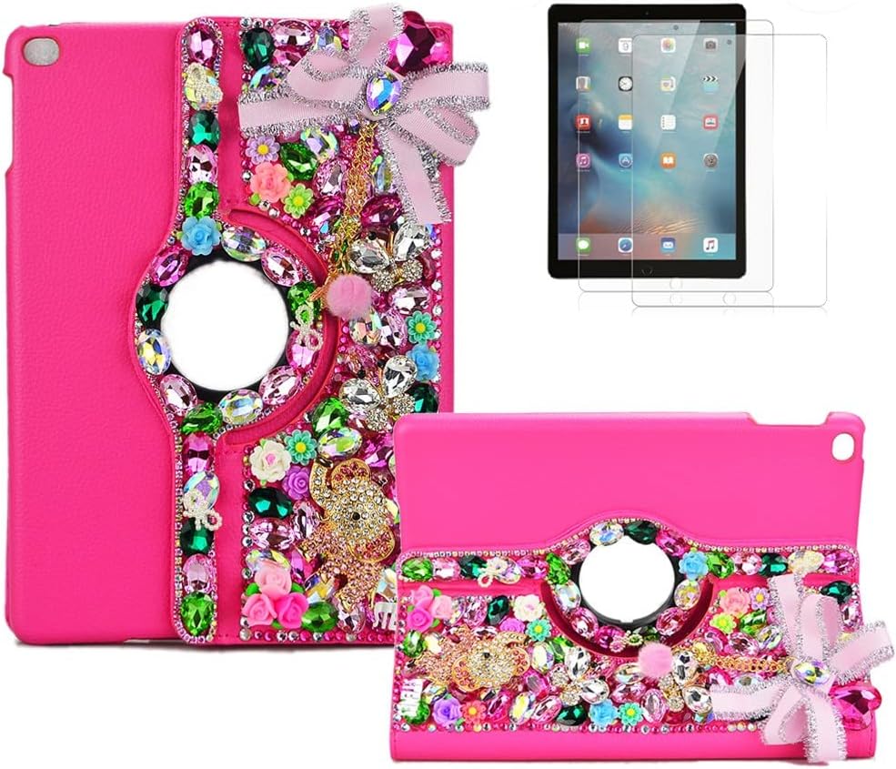 STENES Bling Case Compatible with iPad Pro 12.9 (2022) - Stylish - 3D Handmade Crystal Bowknot Pompon Pendant Elephant 360 Degree Rotating Case with Smart Cover Auto Sleep/Wake Feature - Rose