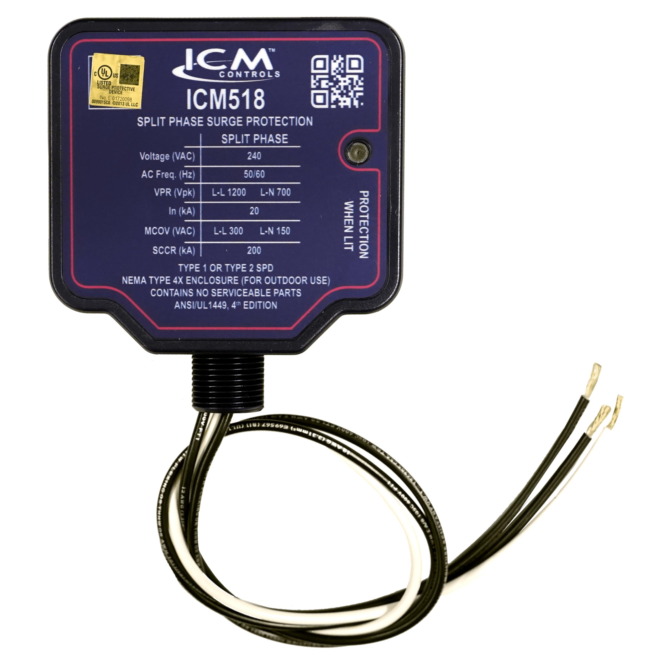 ICM518 240 VAC Split-Phase, Type I/II Whole House SPD, NEMA Type 4X Waterproof Plastic Enclosure with 3/4