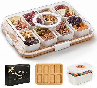 Renmxj Portable Charcuterie Boards with Lid, 8 Ceramic Bowls, Serving Tray | Clear Lid Keeps Food Fresh, Travel Portable Board for Kitchen, Picnic and Party, House Warming Gifts New Home