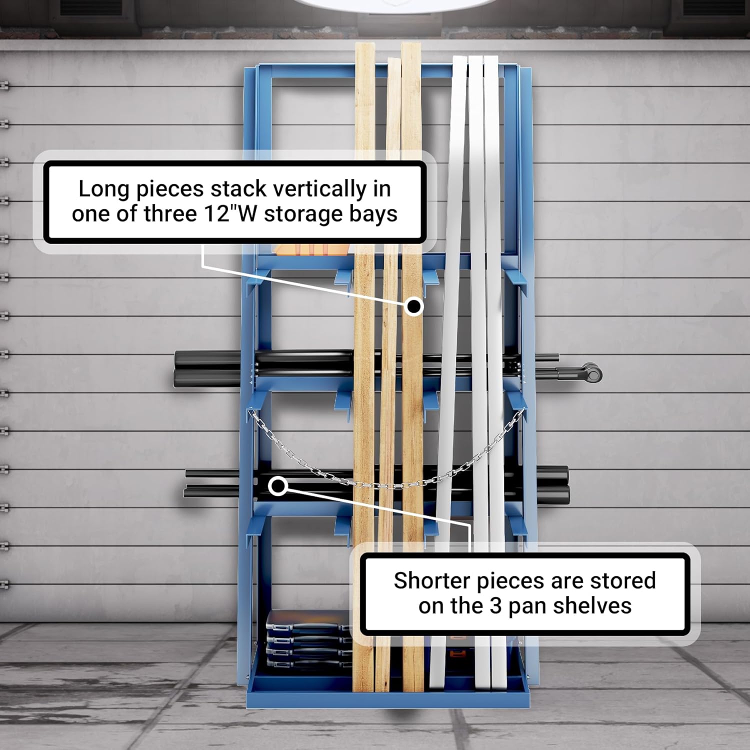 Vertical Bar Rack, 3000 Lb Capacity, Heavy Duty Pipe and Lumber Storage Rack, Freestanding Bar Storage Shelf with Safety Chains, Steel Long Parts Organizer Shelf, 39" D x 24" W x 84" H, Blue